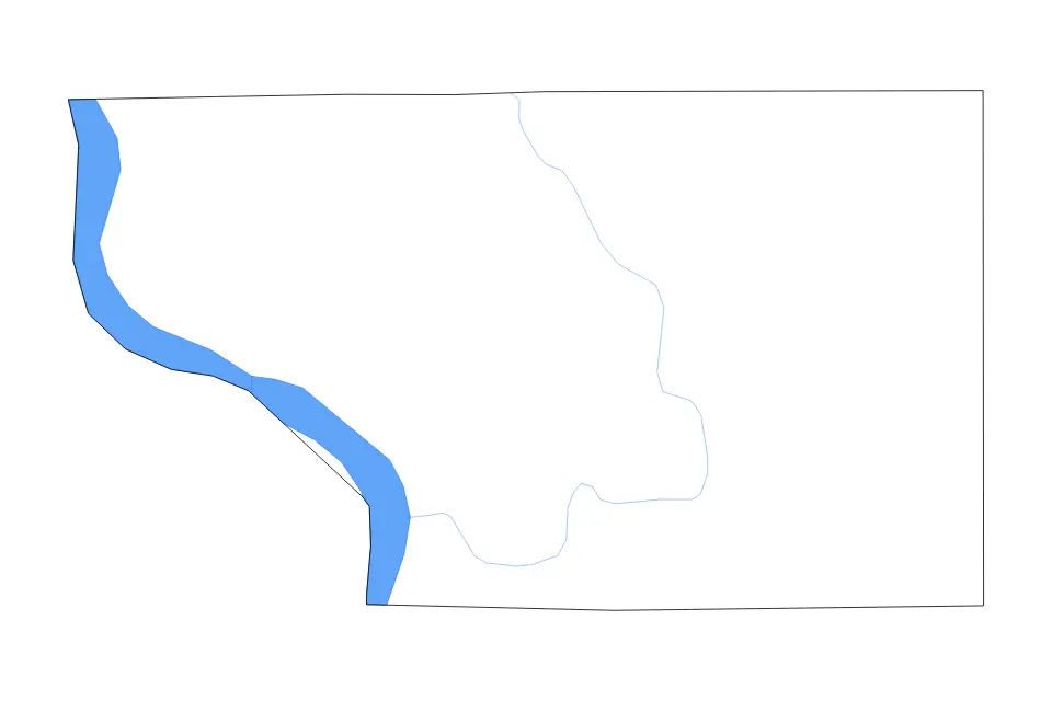 Outline map of Buffalo County, South Dakota with subdivision borders and major lakes and rivers.