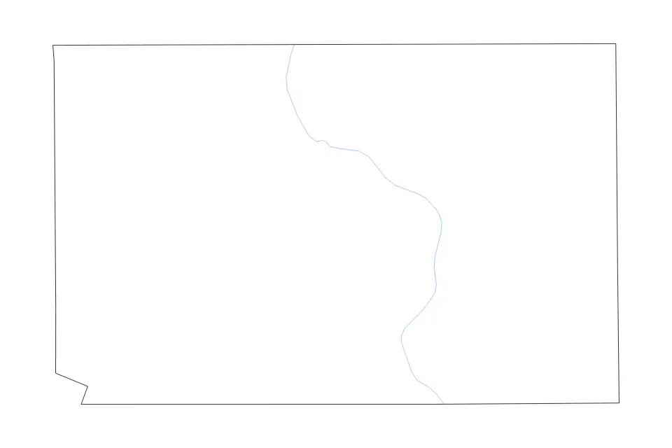 Outline map of Hutchinson County, South Dakota with subdivision borders and rivers.