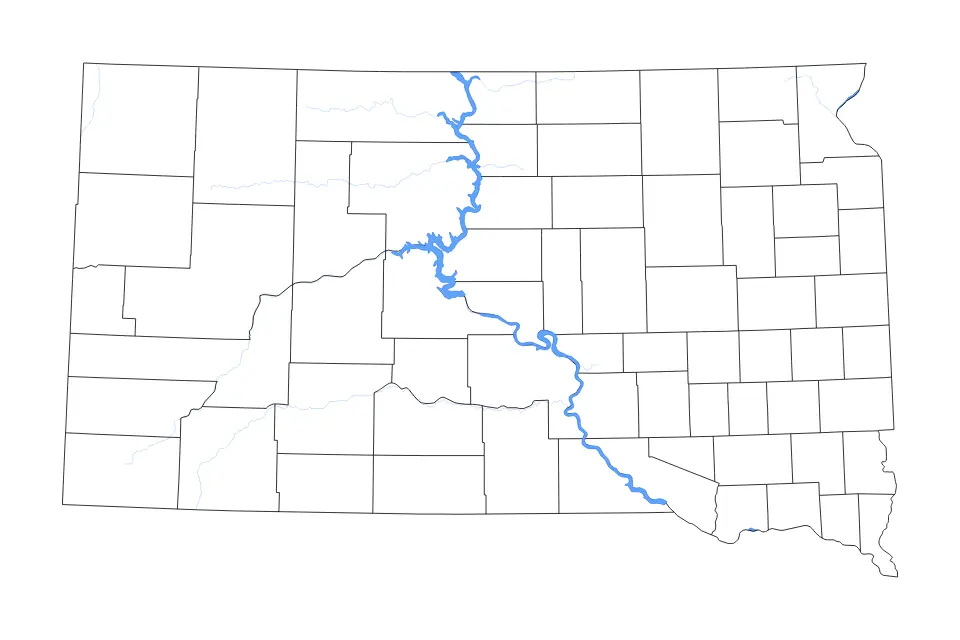 Mapa de South Dakota, United States de tipo contorno, subdivisiones, lagos y ríos para América del Norte, con contorno, subdivisiones, lagos y ríos con elementos de agua como Lake Sharpe, Lake Francis Case y Lake Traverse.
