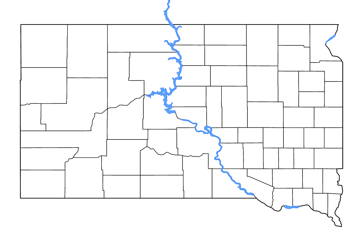 Mapa de contorno de South Dakota, United States con límites administrativos internos, lagos y ríos.