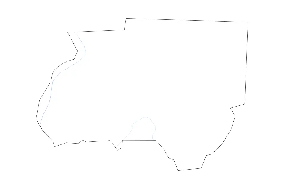Outline map of Dyer County, Tennessee with subdivision borders and rivers.