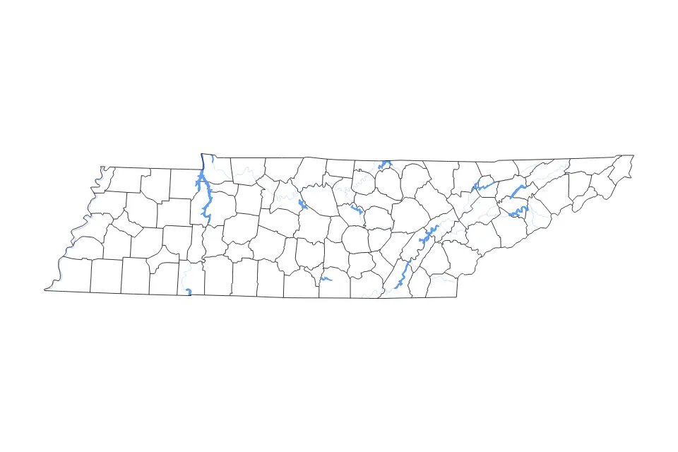Outline map of Tennessee, United States with subdivision borders and major lakes and rivers.