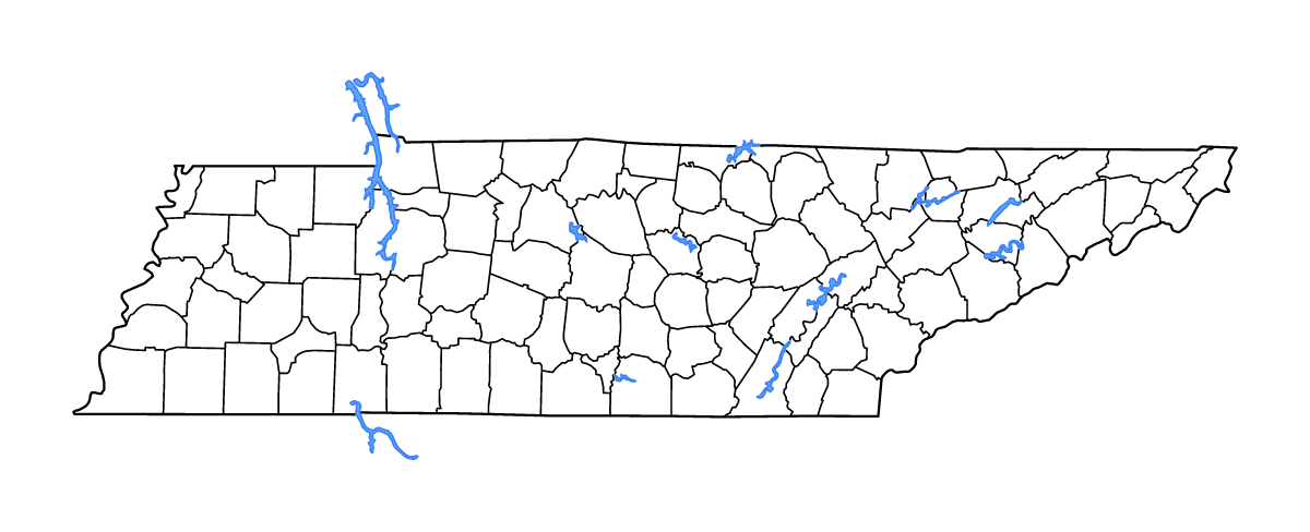 Outline map of Tennessee, United States with internal administrative boundaries, lakes, and rivers.