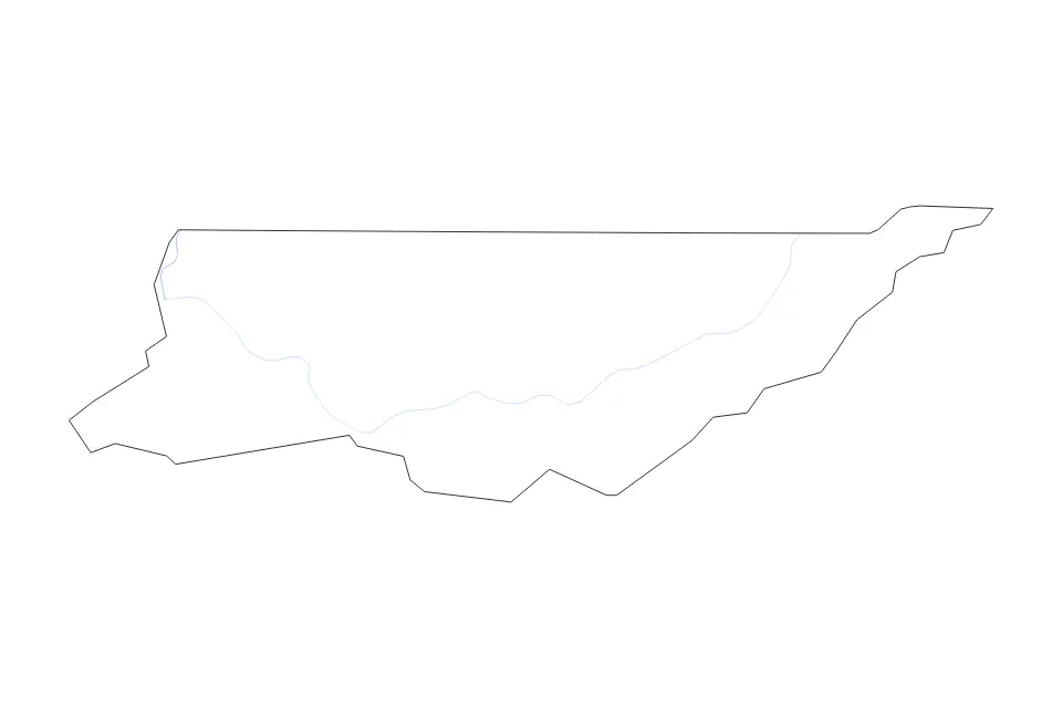 Outline map of Sullivan County, Tennessee with subdivision borders and rivers.
