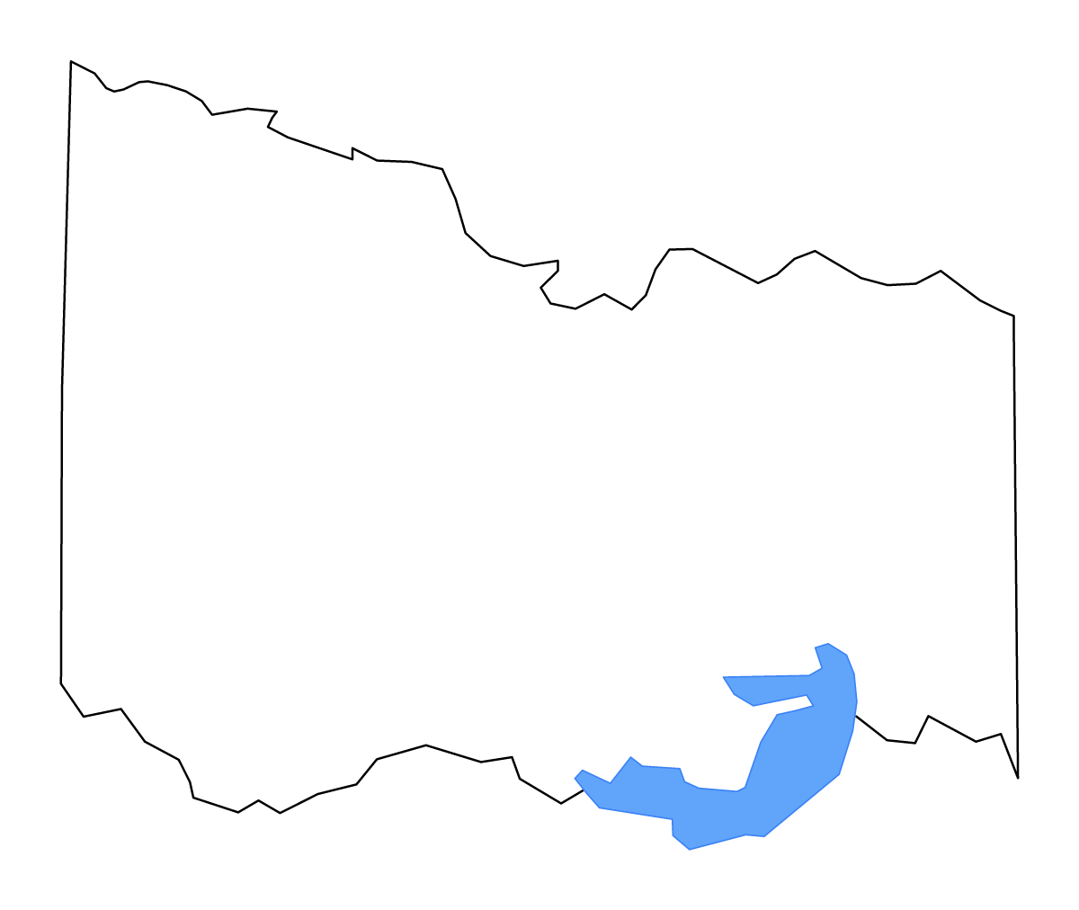 Mapa de contorno de Bowie, Texas con lagos y ríos.