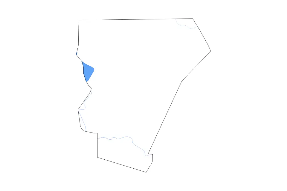 Outline map of Burnet County, Texas with subdivision borders and major lakes and rivers.