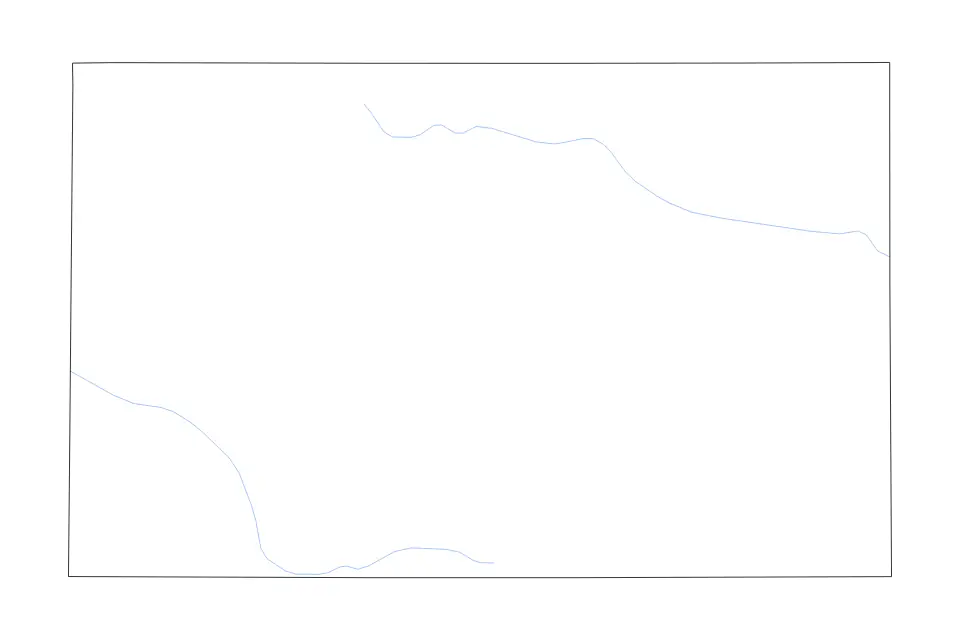 Outline map of Dallam County, Texas with subdivision borders and rivers.