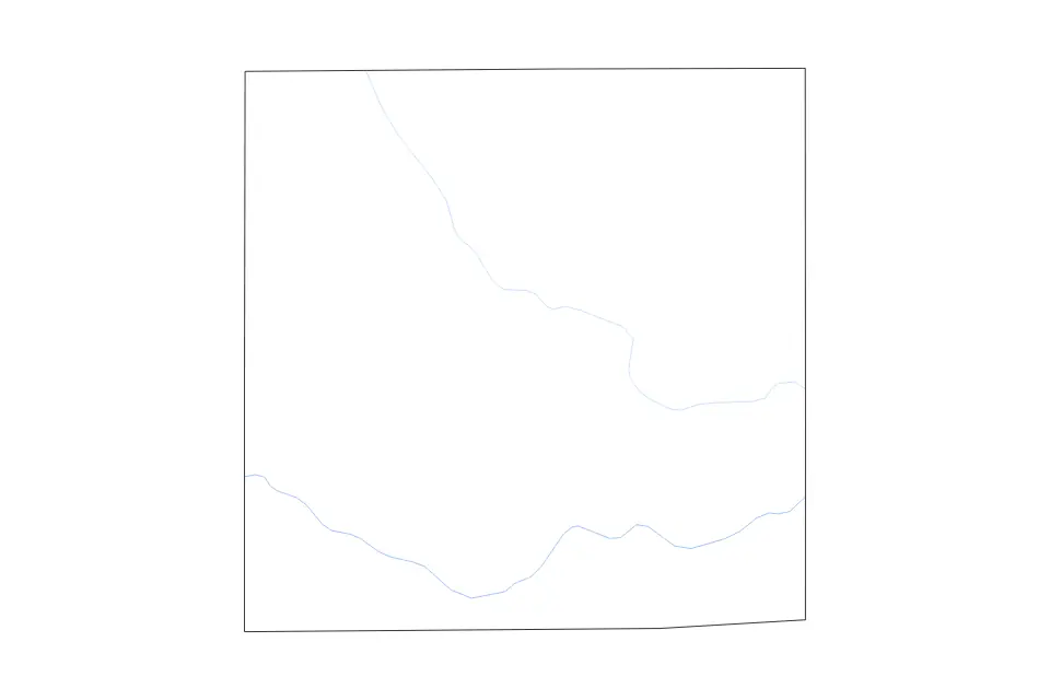 Outline map of Garza County, Texas with subdivision borders and rivers.