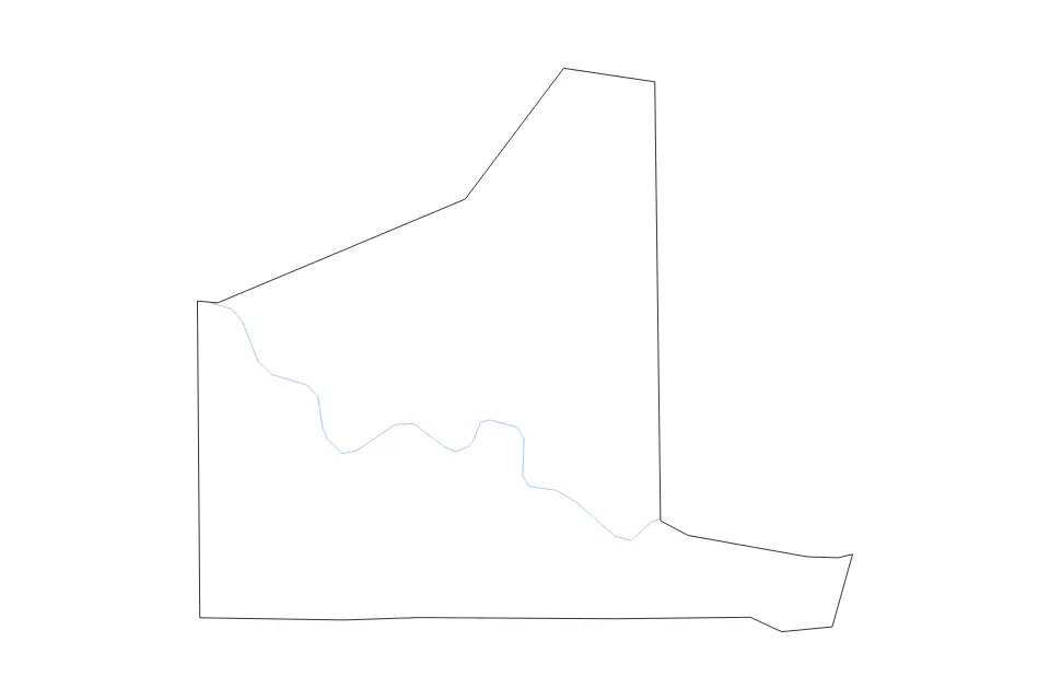 Outline map of Gregg County, Texas with subdivision borders and rivers.