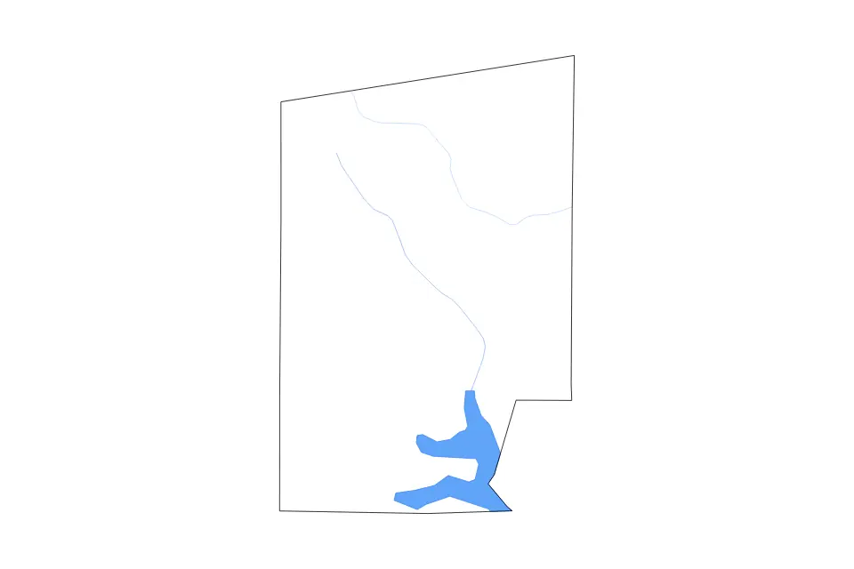Outline map of Hunt County, Texas with subdivision borders and major lakes and rivers.