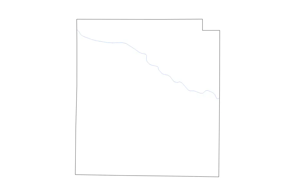 Outline map of Jack County, Texas with subdivision borders and rivers.