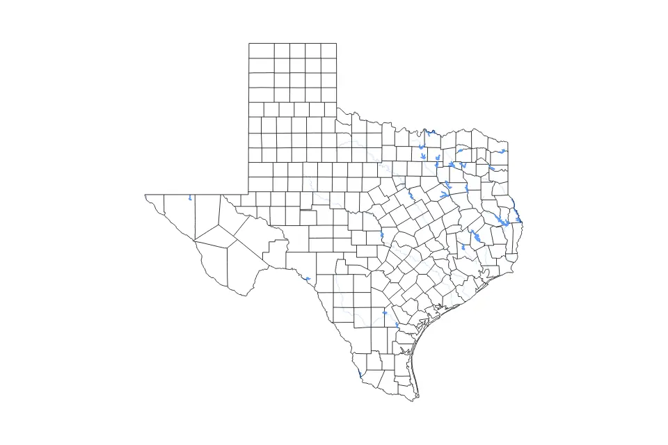Outline map of Texas, United States with subdivision borders and major lakes and rivers.