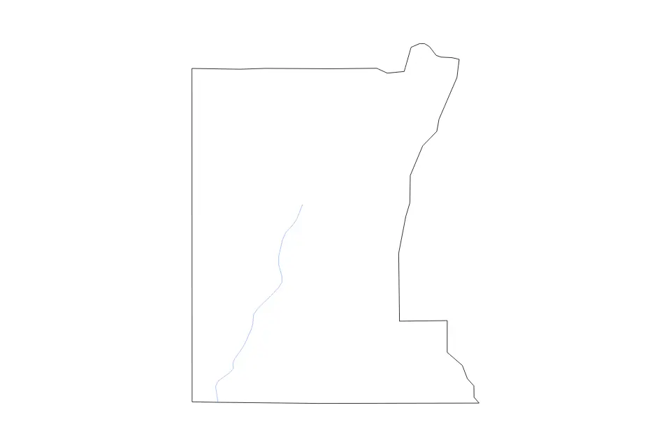 Outline map of Rusk County, Texas with subdivision borders and rivers.