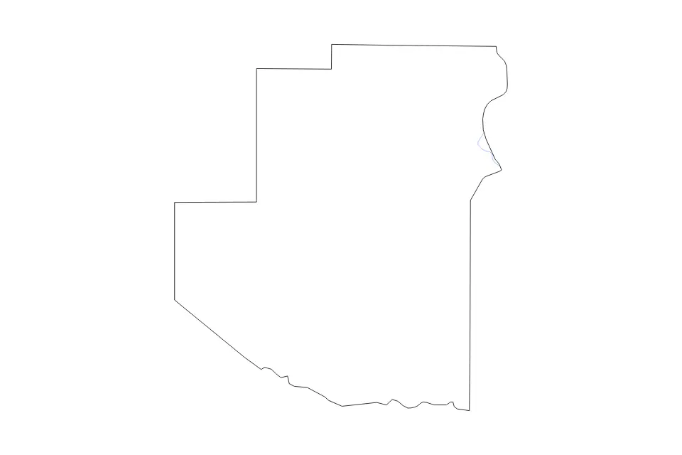 Outline map of Terrell County, Texas with subdivision borders and rivers.