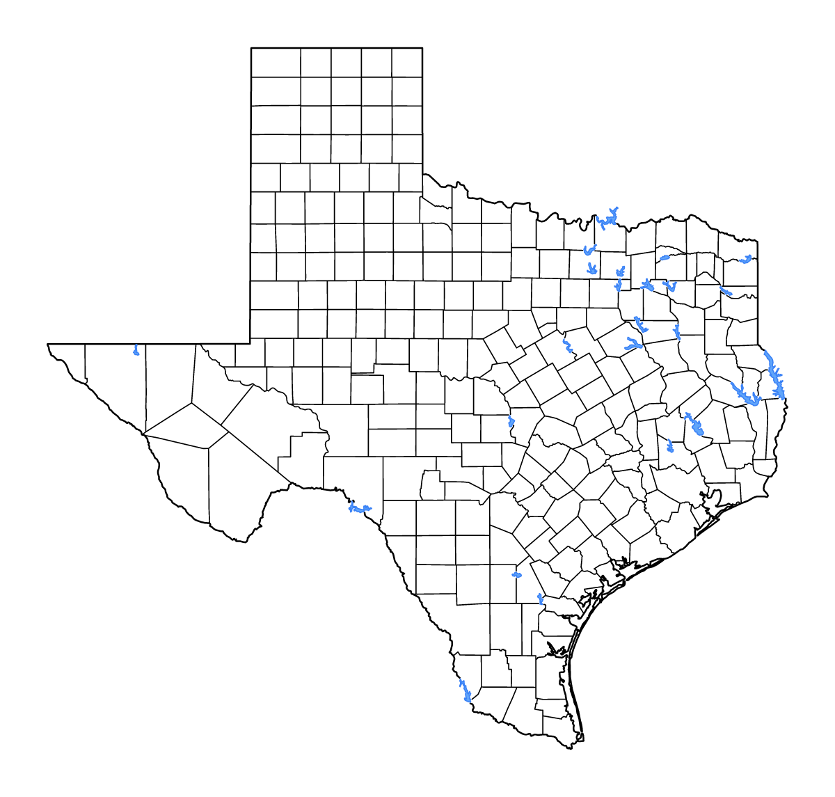 Mapa de contorno de Texas, United States con límites administrativos internos, lagos y ríos.