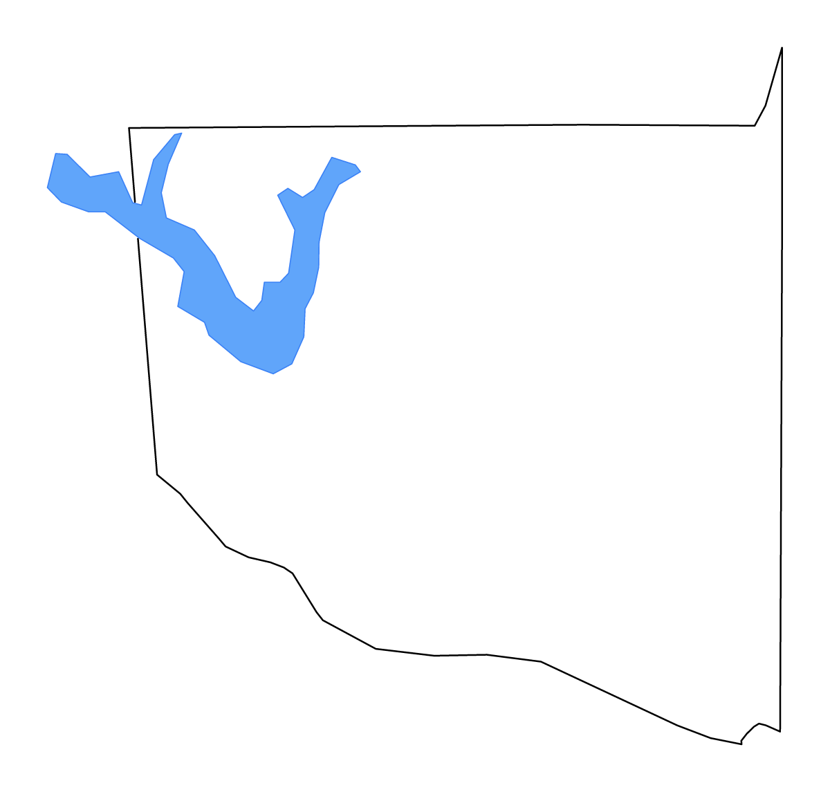 Outline map of Wood County, Texas with lakes and rivers.