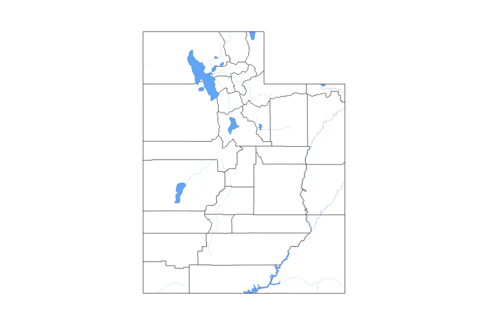 Outline map of Utah, United States with subdivision borders and major lakes and rivers.