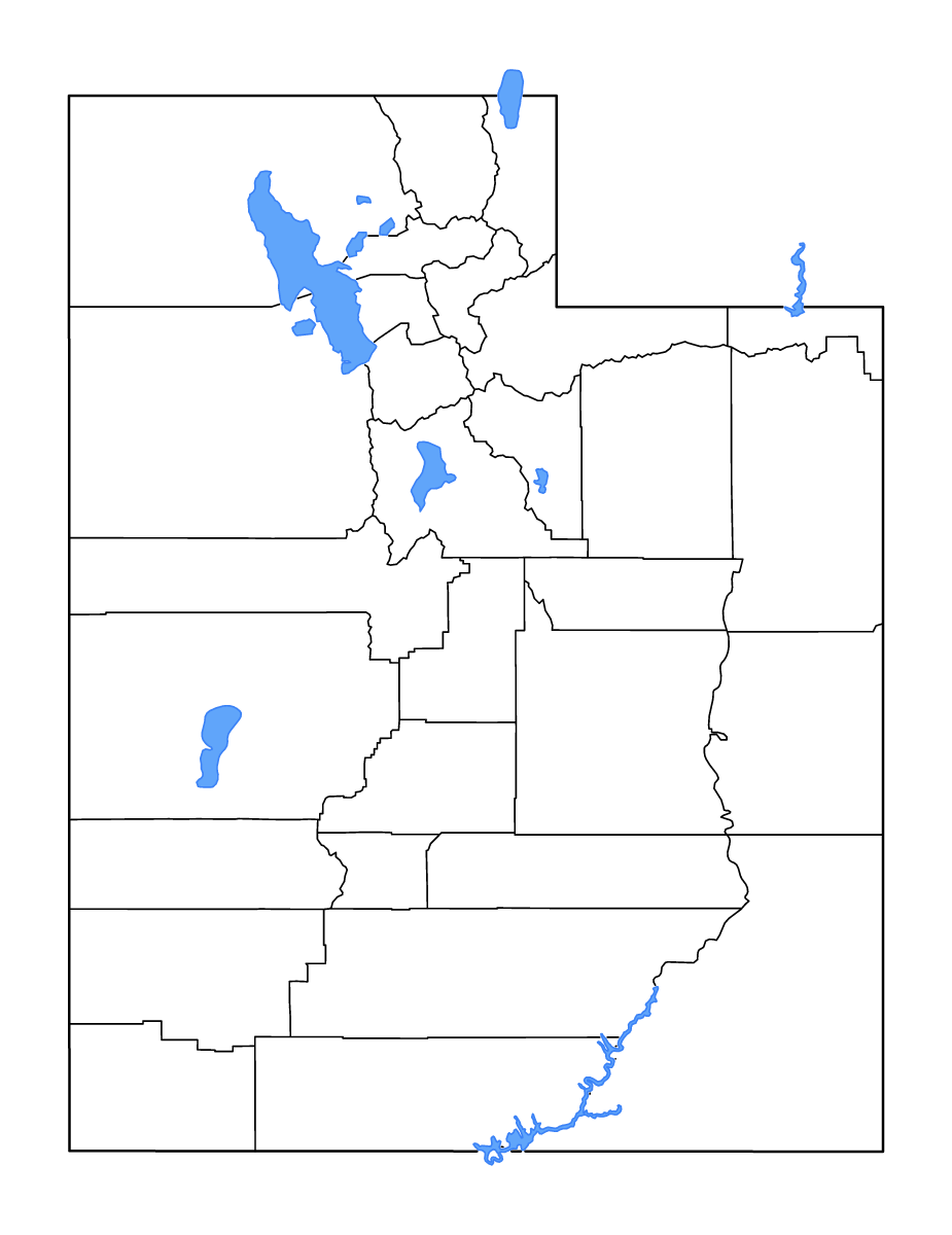 Mapa de contorno de Utah, United States con límites administrativos internos, lagos y ríos.