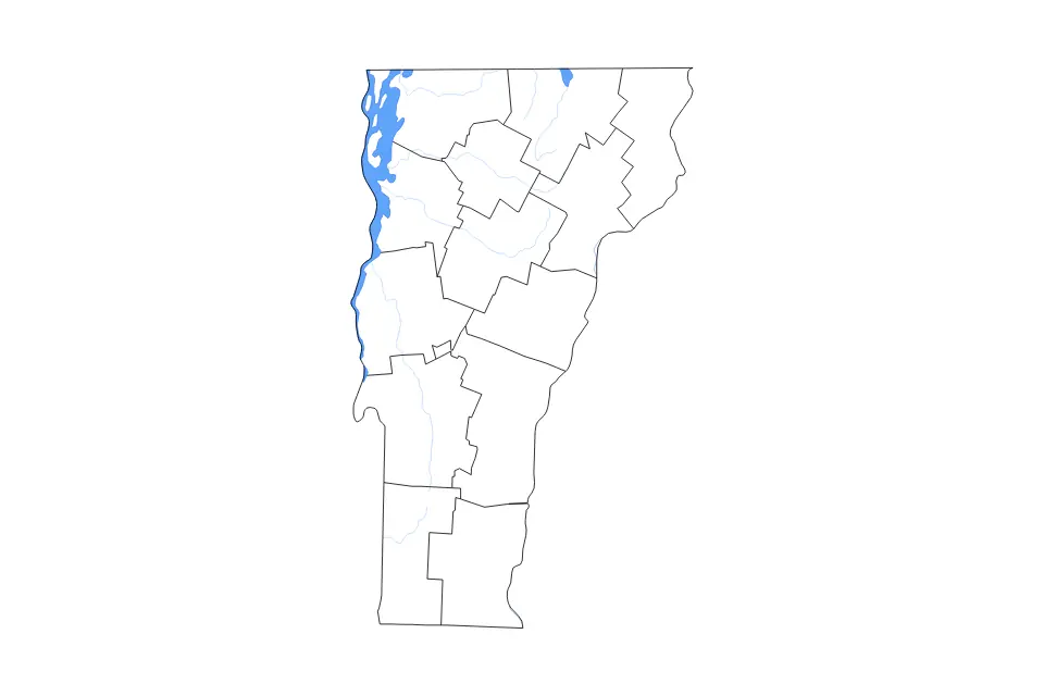 Outline map of Vermont, United States with subdivision borders and major lakes and rivers.