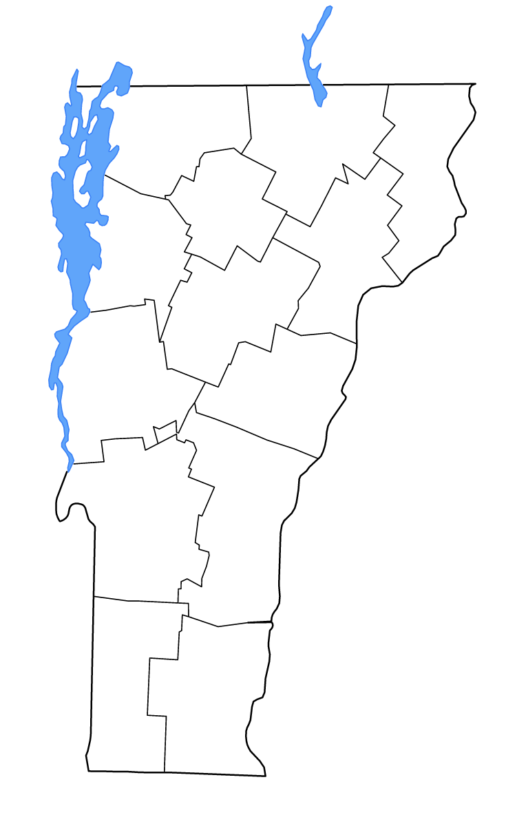 Carte de contour de Vermont, United States avec limites administratives internes, lacs et rivières.
