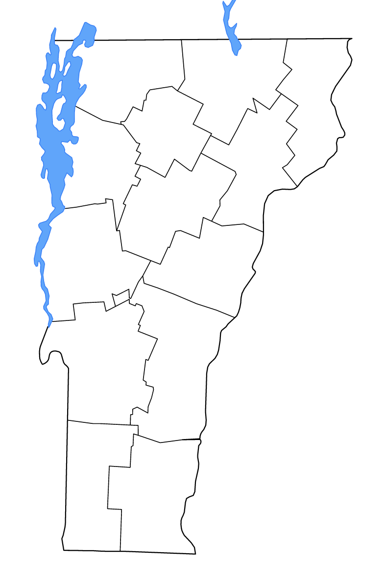 Mapa de contorno de Vermont, United States con límites administrativos internos, lagos y ríos.