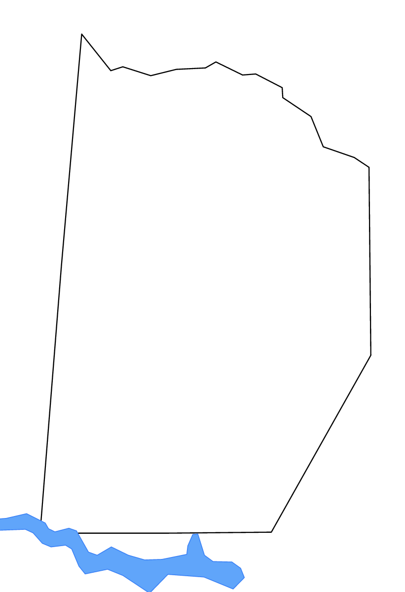 Mapa de contorno de Brunswick, Virginia con lagos y ríos.