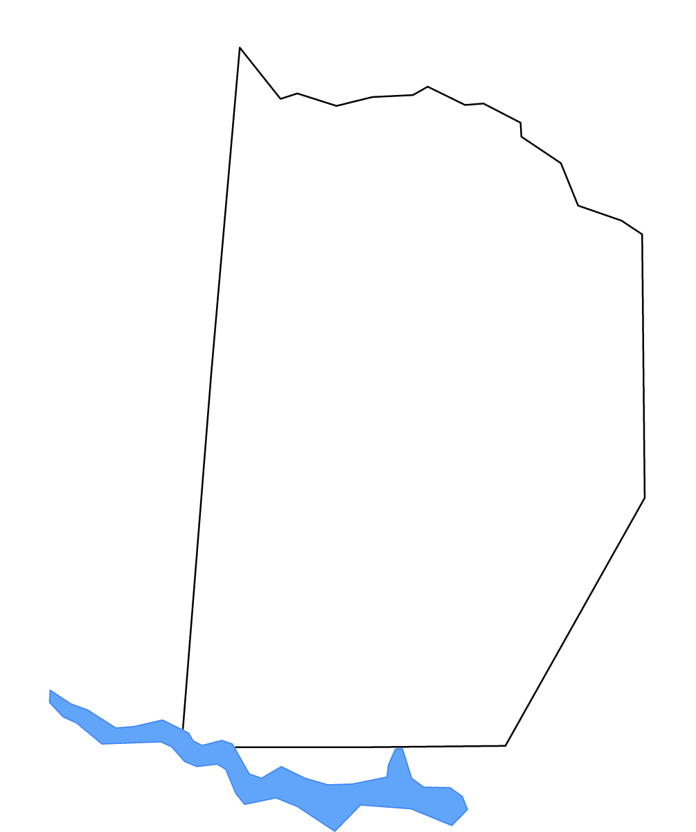 Outline map of Brunswick County, Virginia with lakes and rivers.