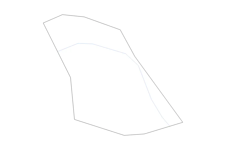 Outline map of Fredericksburg City, Virginia with subdivision borders and rivers.