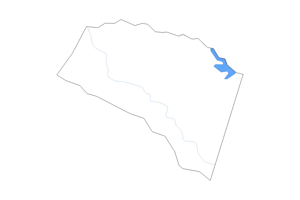 Outline map of Louisa County, Virginia with subdivision borders and major lakes and rivers.