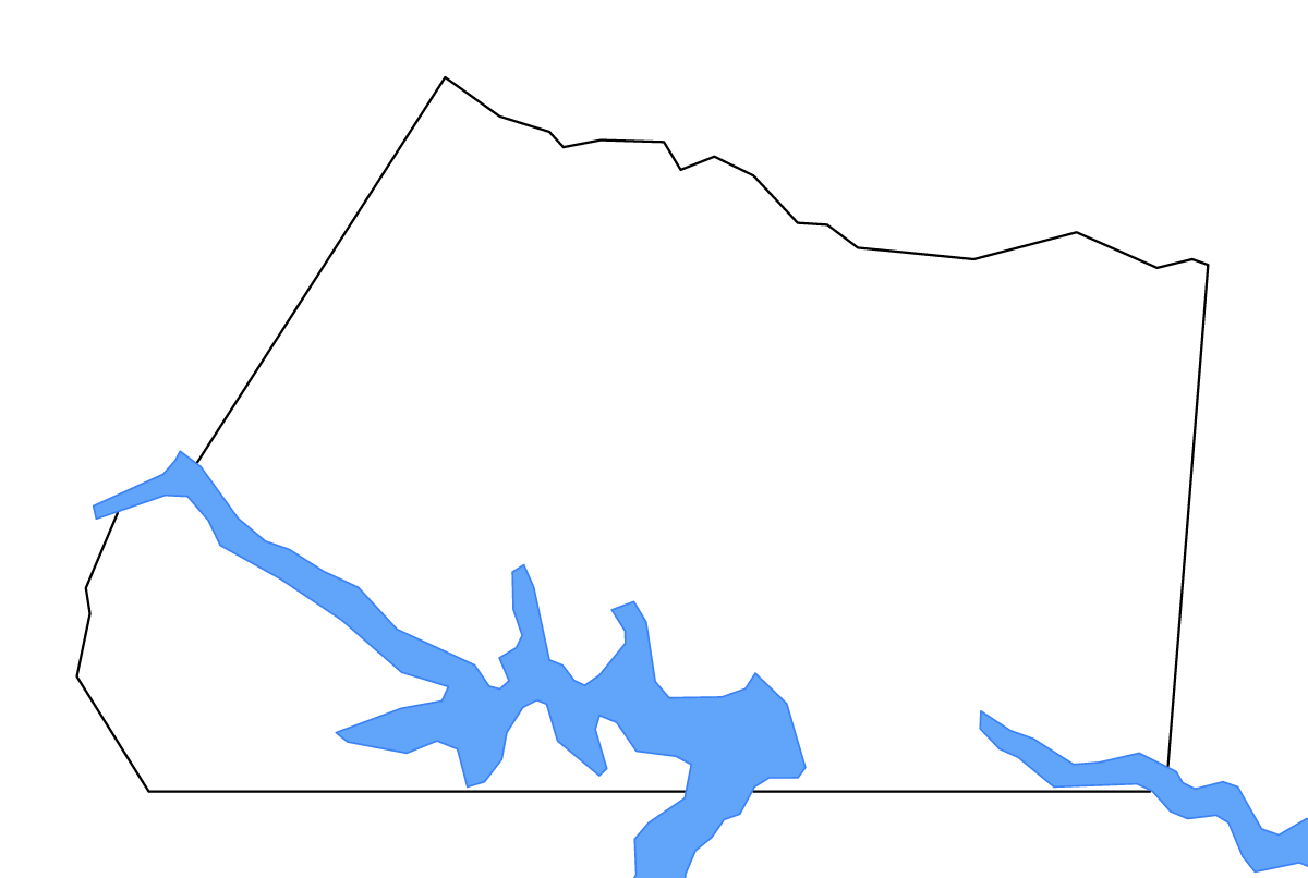 Mapa de contorno de Mecklenburg, Virginia con lagos y ríos.
