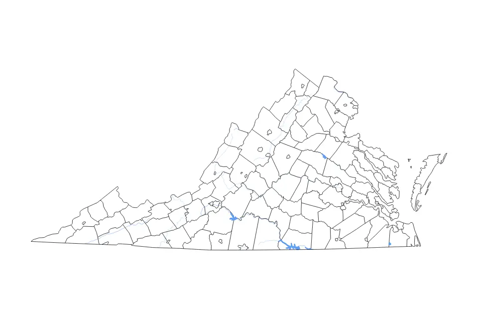 Outline map of Virginia, United States with subdivision borders and major lakes and rivers.