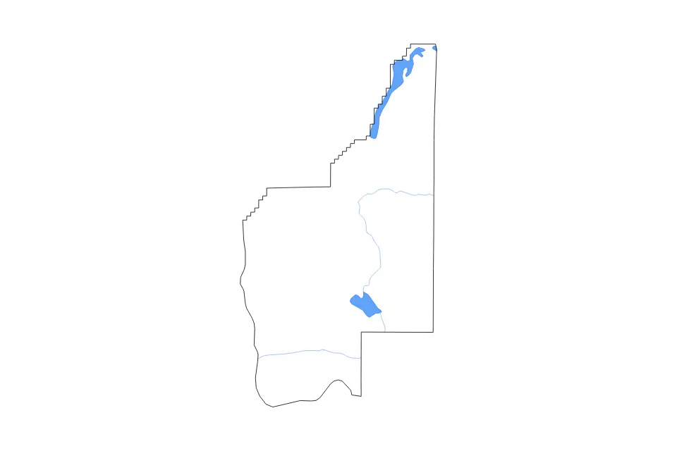 Outline map of Grant County, Washington with subdivision borders and major lakes and rivers.