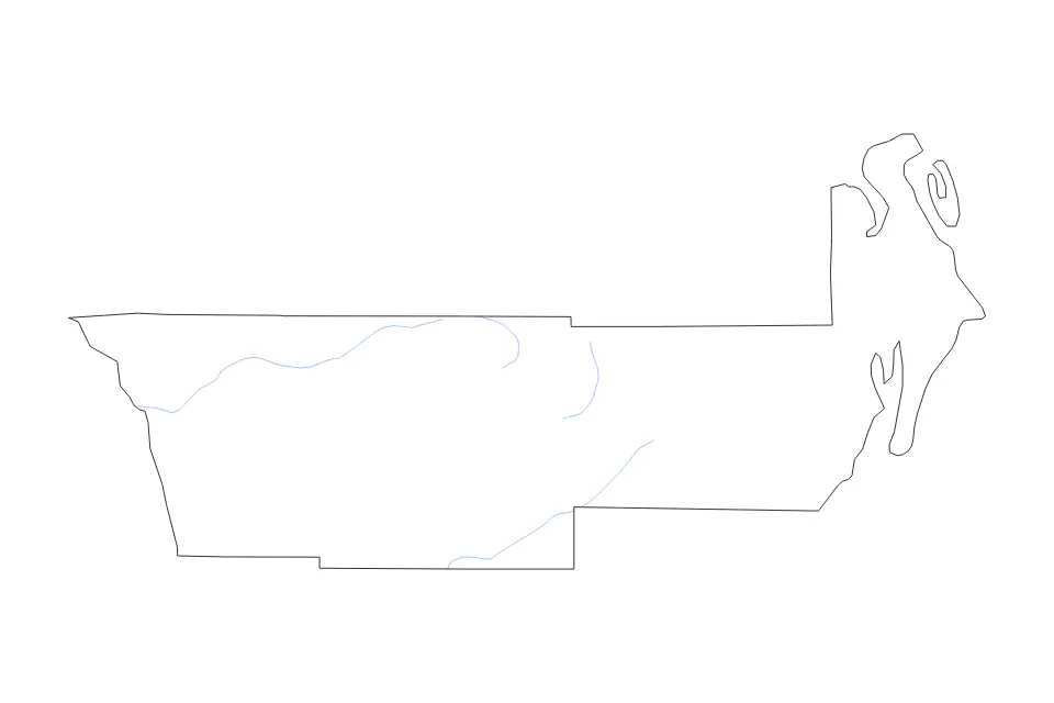 Outline map of Jefferson County, Washington with subdivision borders and rivers.