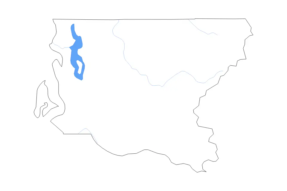 Outline map of King County, Washington with subdivision borders and major lakes and rivers.