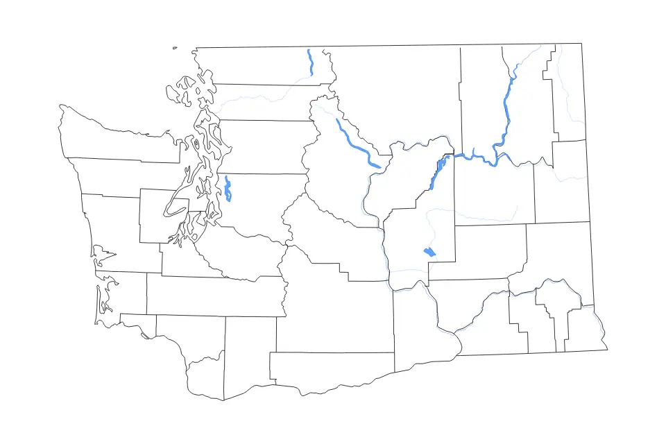 Outline map of Washington, United States with subdivision borders and major lakes and rivers.