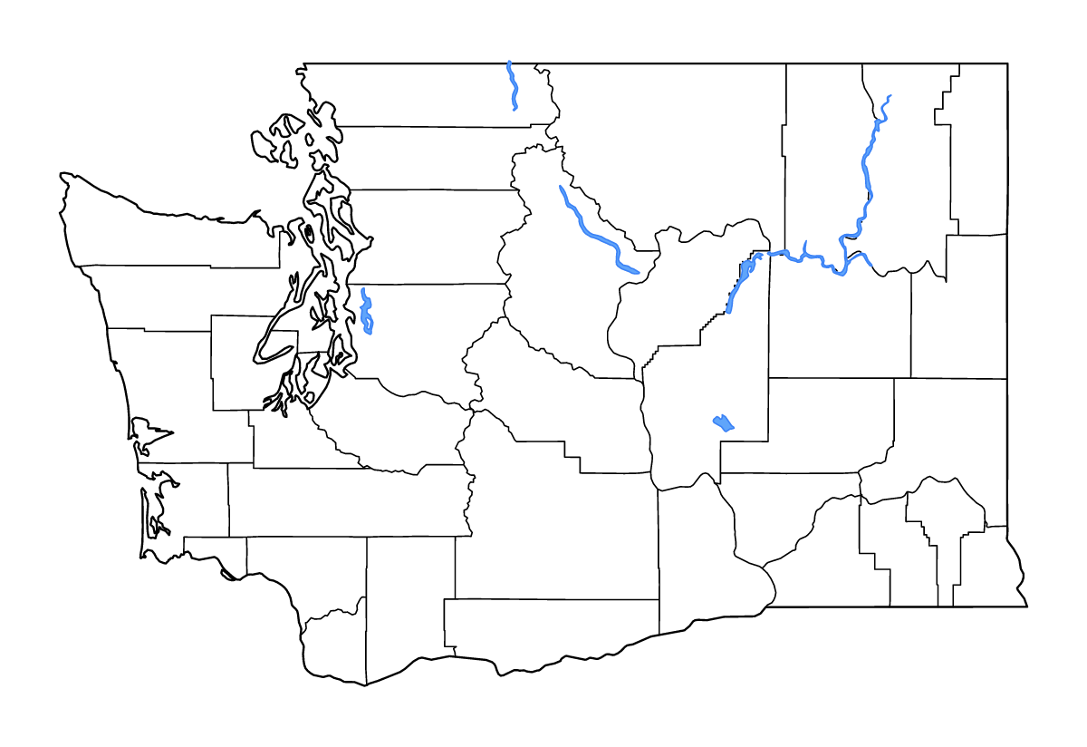 Mapa de contorno de Washington, United States con límites administrativos internos, lagos y ríos.