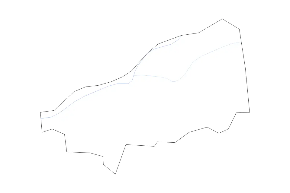 Outline map of Pleasants County, West Virginia with subdivision borders and rivers.