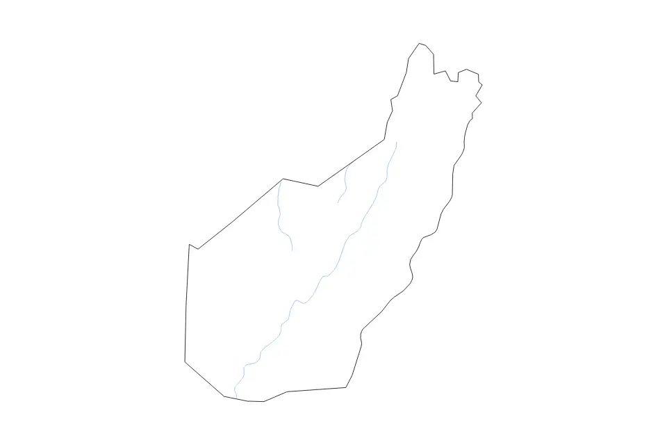 Outline map of Pocahontas County, West Virginia with subdivision borders and rivers.