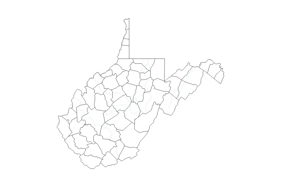 Outline map of West Virginia, United States with subdivision borders and rivers.