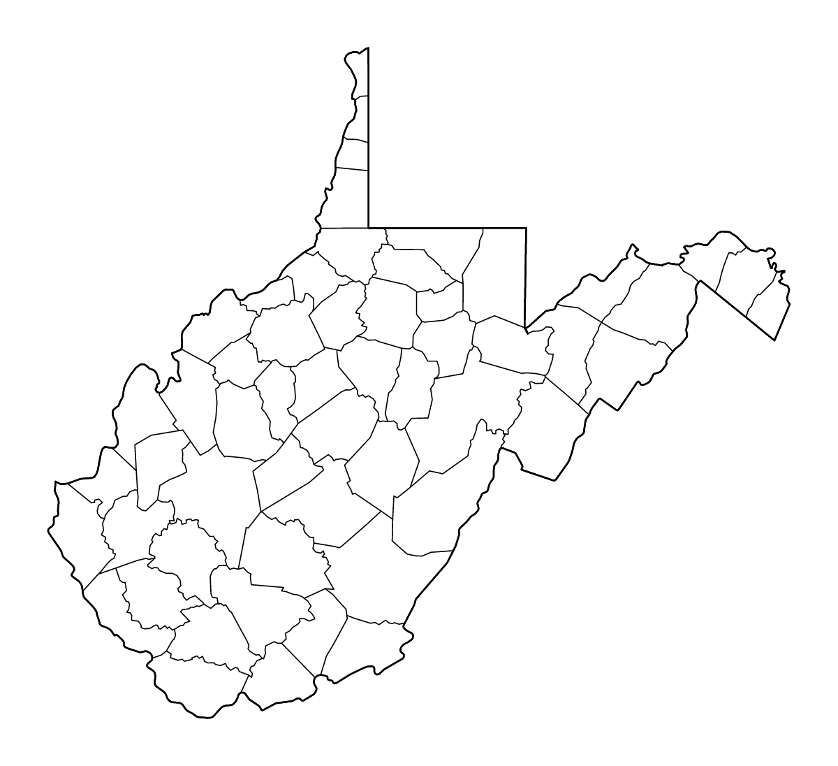 Mapa de contorno de West Virginia, United States con límites administrativos internos y ríos.