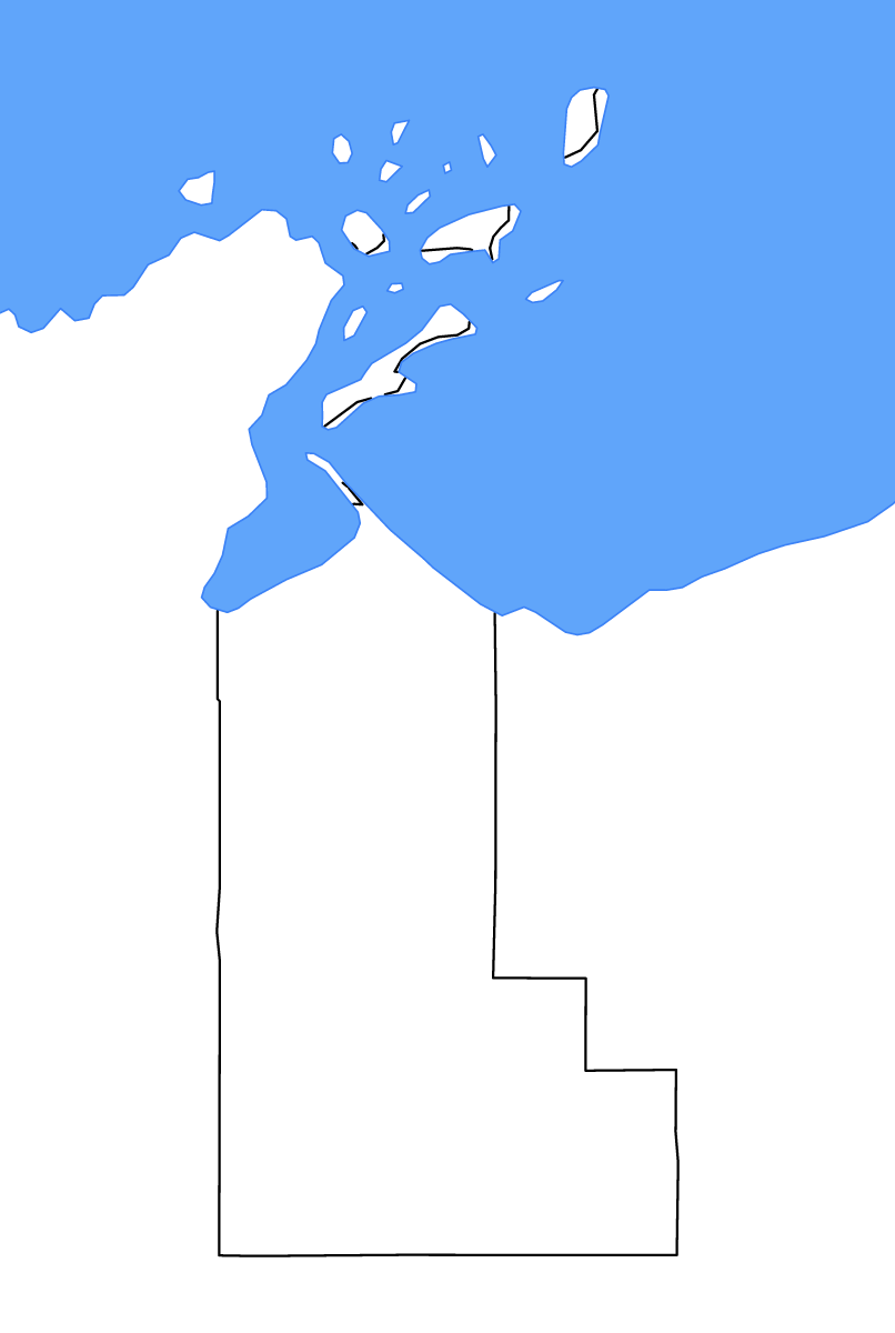 Mapa de contorno de Ashland, Wisconsin con lagos y ríos.