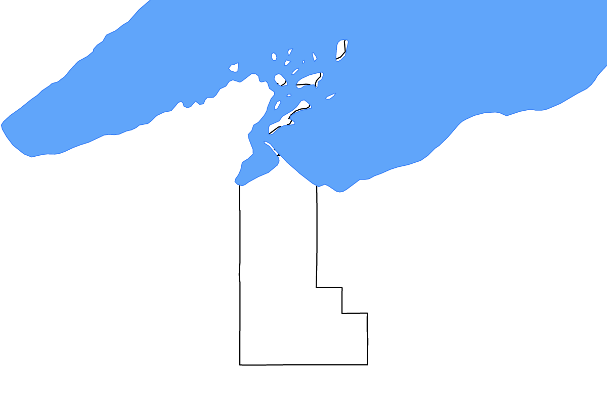 Mapa de contorno de Ashland, Wisconsin con lagos y ríos.