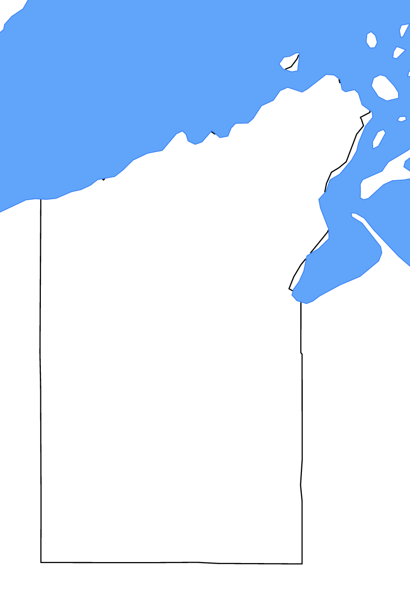 Mapa de contorno de Bayfield, Wisconsin con lagos y ríos.