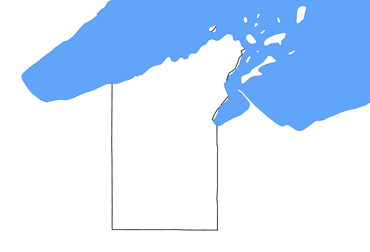Carte de contour de Bayfield, Wisconsin avec lacs et rivières.