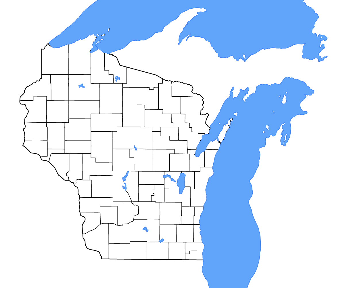 Mapa de contorno de Wisconsin, United States con límites administrativos internos, lagos y ríos.