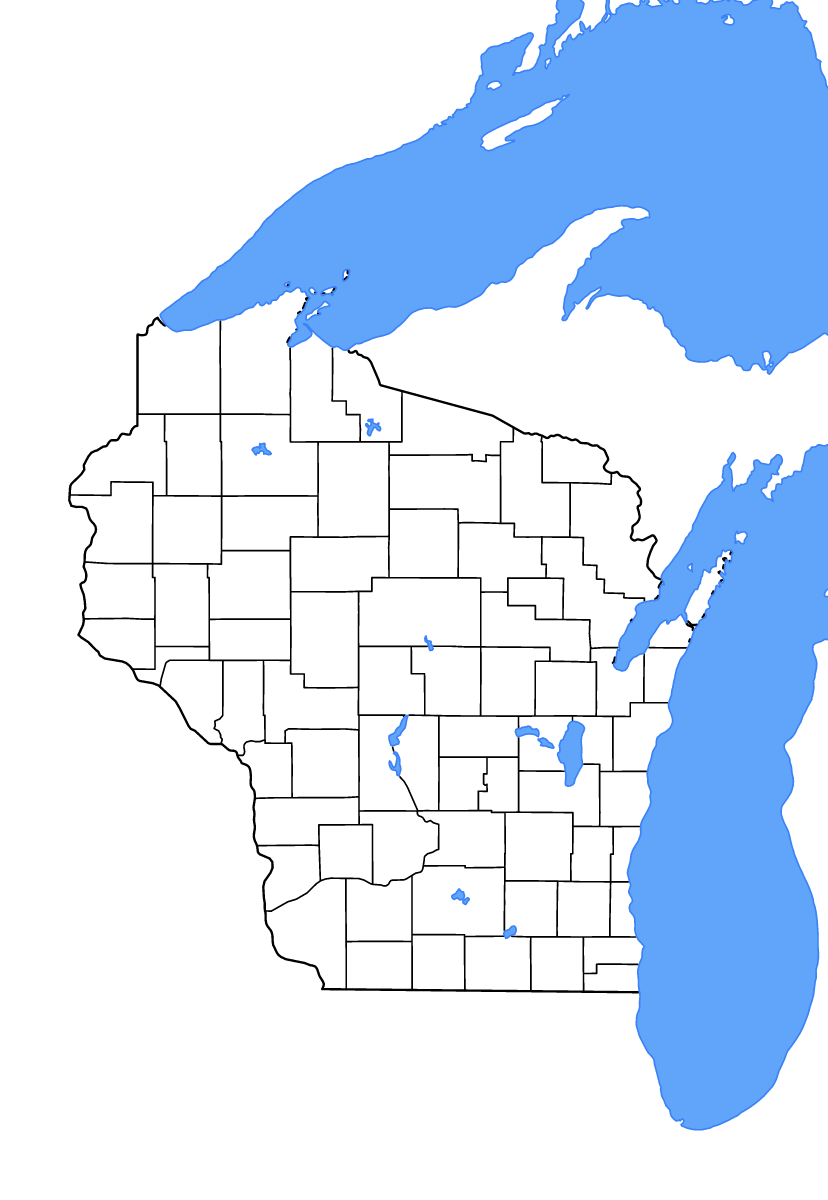 Mapa de contorno de Wisconsin, United States con límites administrativos internos, lagos y ríos.