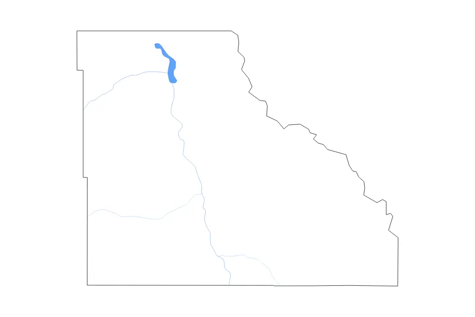Outline map of Big Horn County, Wyoming with subdivision borders and major lakes and rivers.