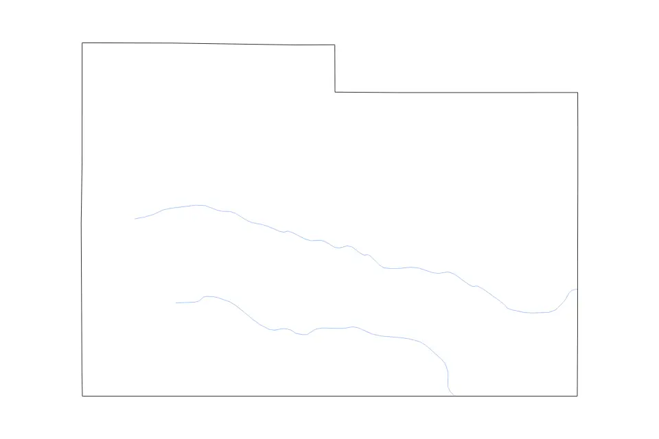 Outline map of Laramie County, Wyoming with subdivision borders and rivers.