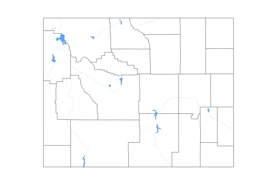 Outline map of Wyoming, United States with subdivision borders and major lakes and rivers.