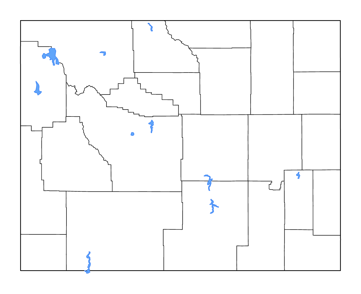 Mapa de contorno de Wyoming, United States con límites administrativos internos, lagos y ríos.